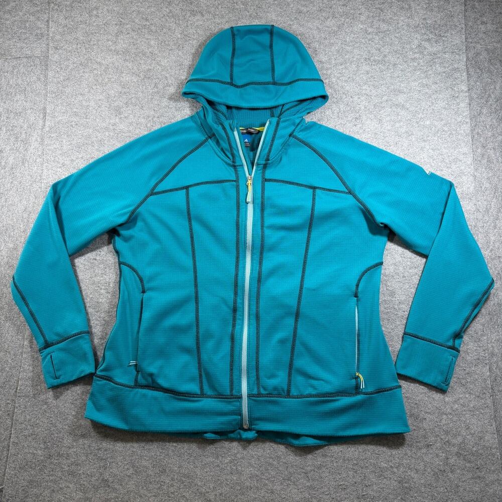Eddie Bauer Thermal Waffle Knit Jacket Womens XXL Teal Hooded Full Zip Outdoor